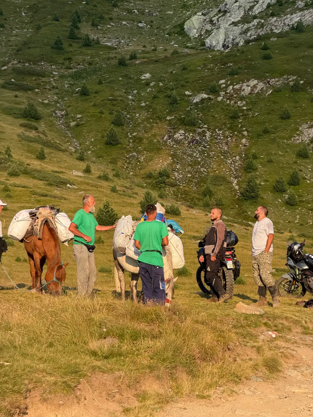 TAD riders stopping to talk with shepherds and their pack horses in the Kosovo highlands