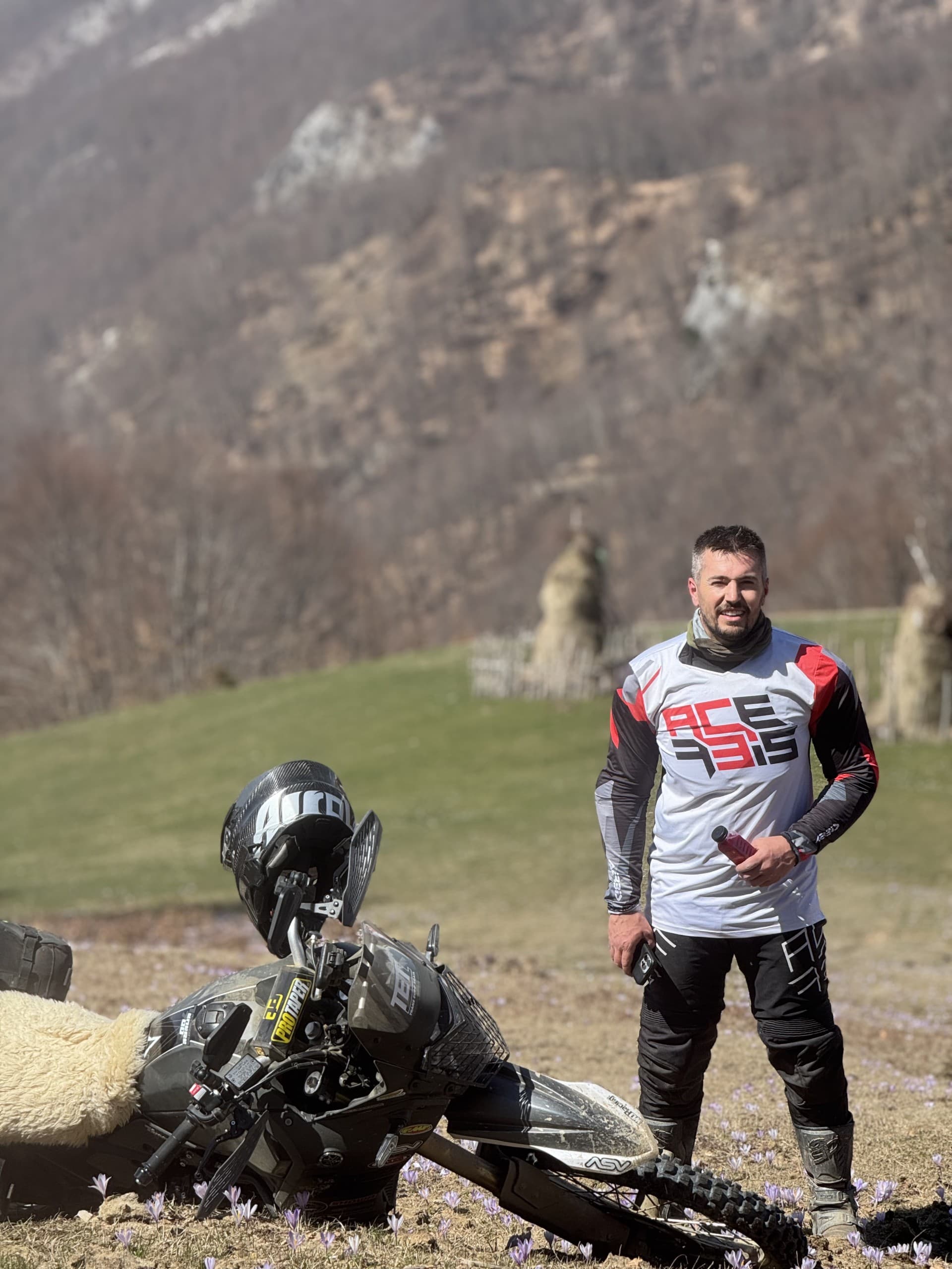 Qendrim Graiçevci — TAD Adventure trail scout and TET Linesman with fallen bike and sheep in Kosovo mountains